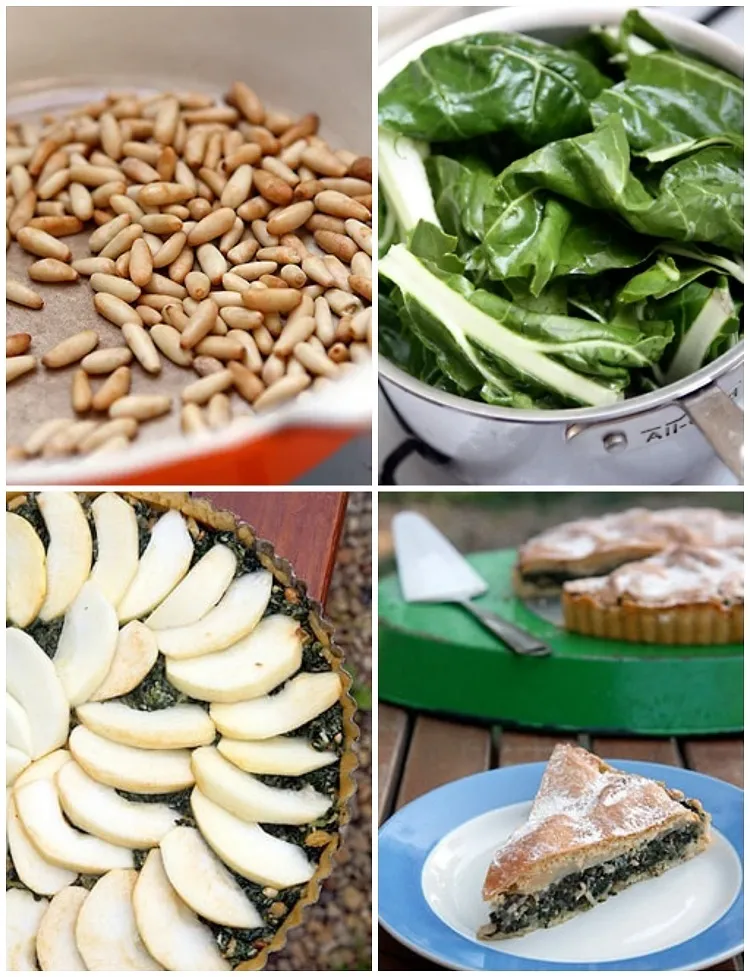 Tart pie recipe with sweet apples, chard, goat cheese, raisins and pine nuts