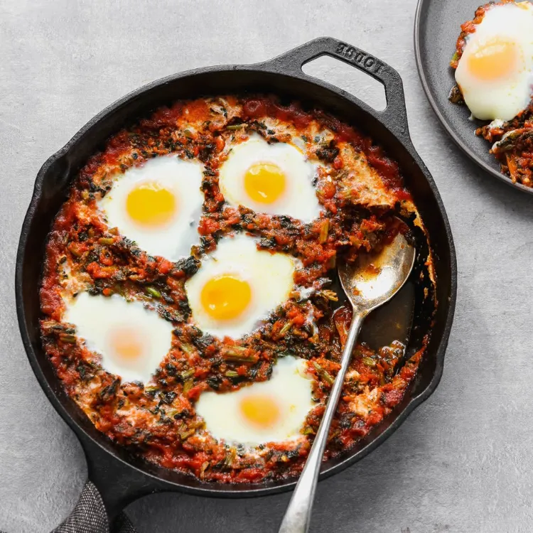 Summer recipes tomatoes, fried eggs, shakshouka, vegetables, peppers, onions