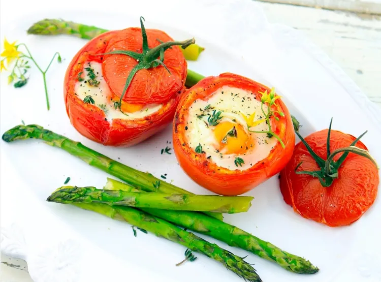 recipes tomato stuffed with egg topping steamed asparagus