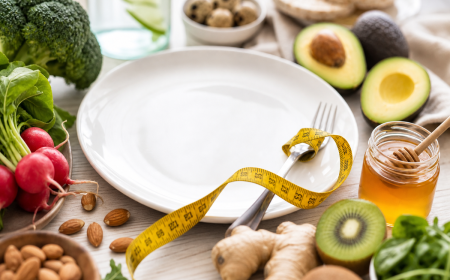 Régime Natman 4 jours — assiette entourée de légumes frais et ruban de mesure