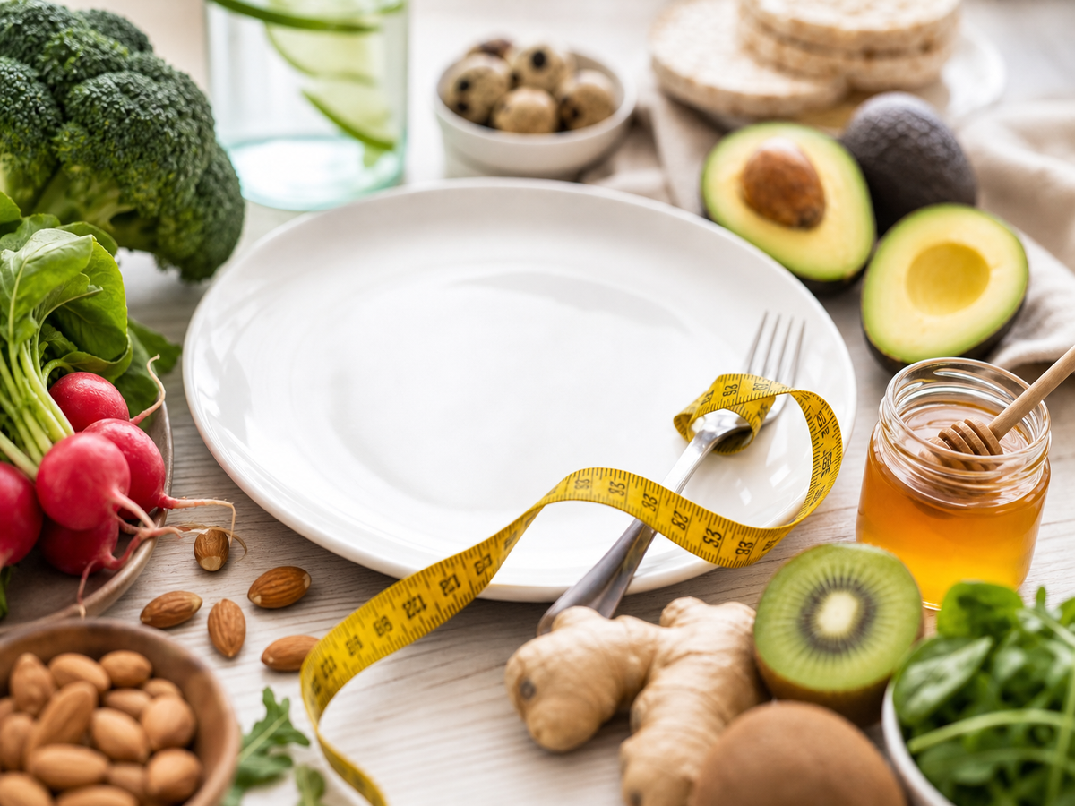 Régime Natman 4 jours — assiette entourée de légumes frais et ruban de mesure