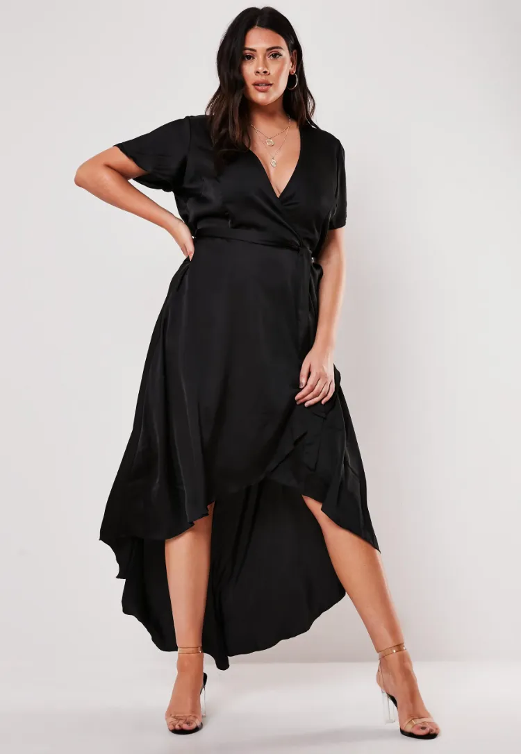 robe noire sexy grande taille portefeuille courte devant longue derrière