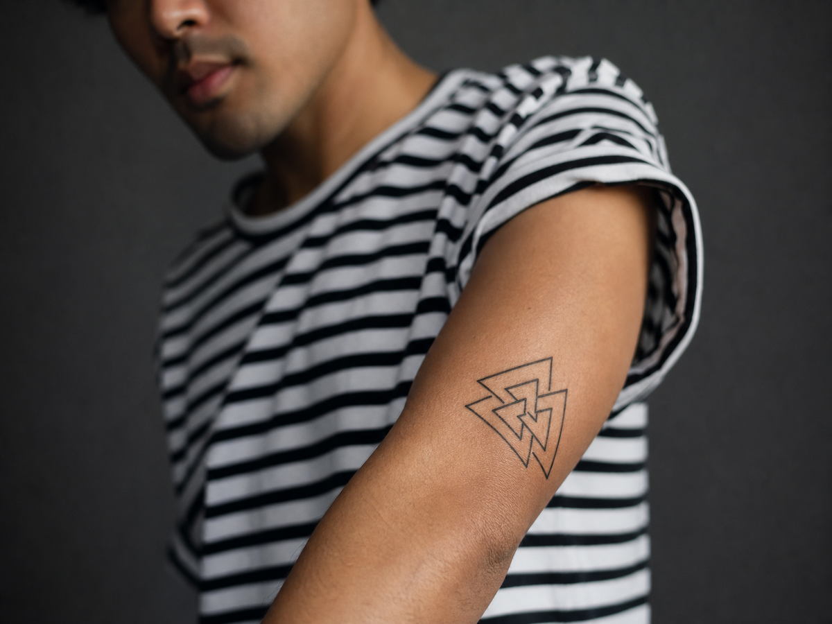 Tatouage bras discret triangles entrelacés géométriques pour homme