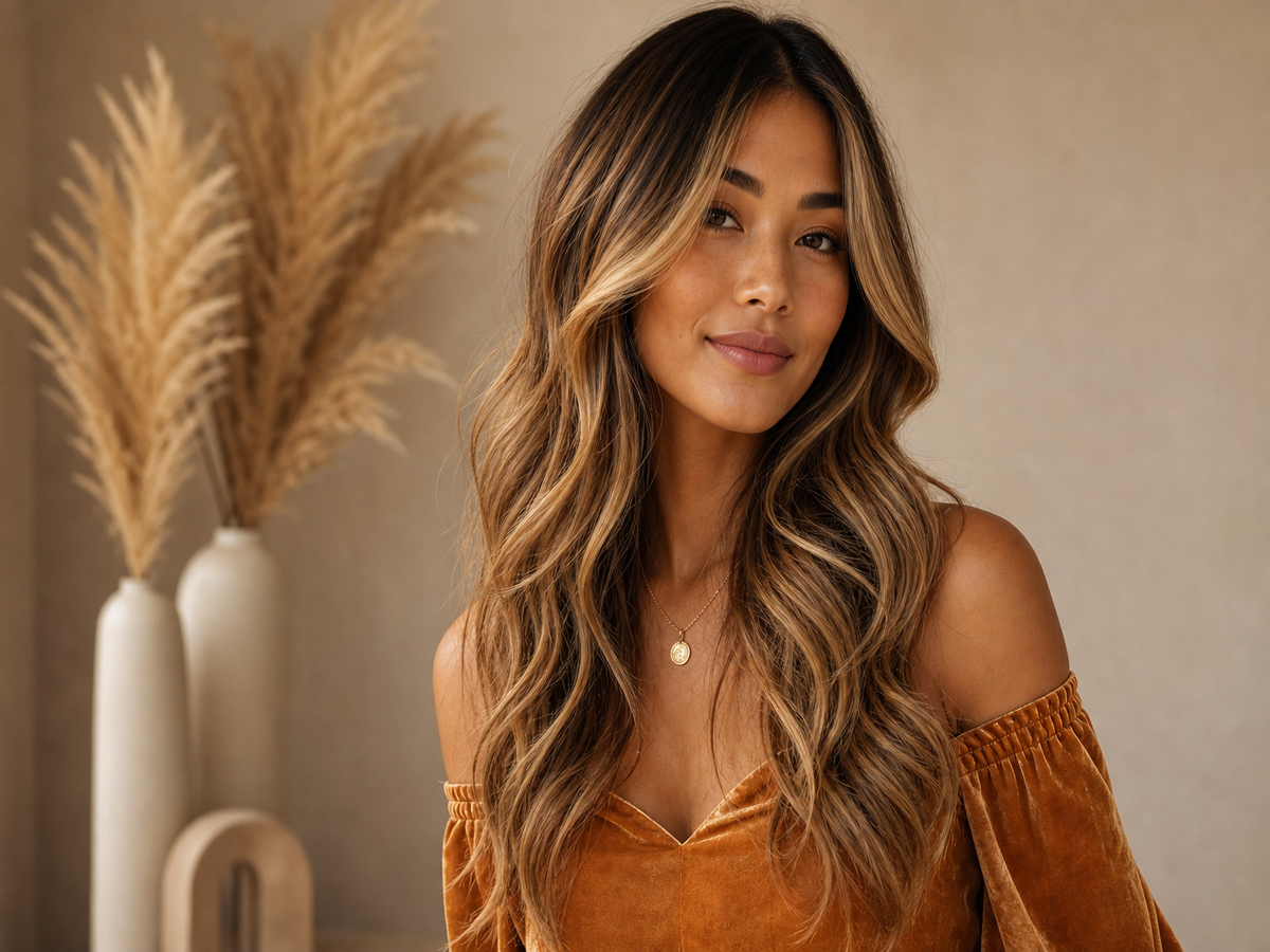 cheveux bruns avec mèches blondes et caramel automne 2022