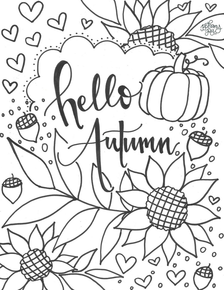 coloriage automne à imprimer gratuitement citrouille fleurs bonjour automne