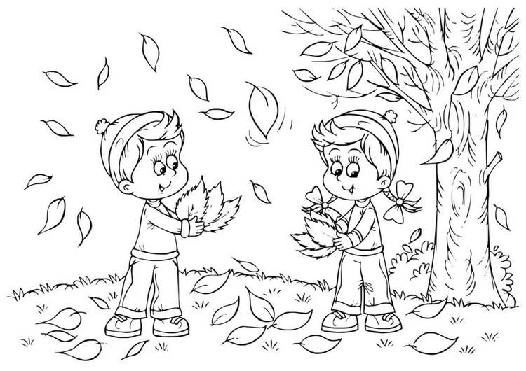 coloriage paysage automne pour enfants feuilles et arbre
