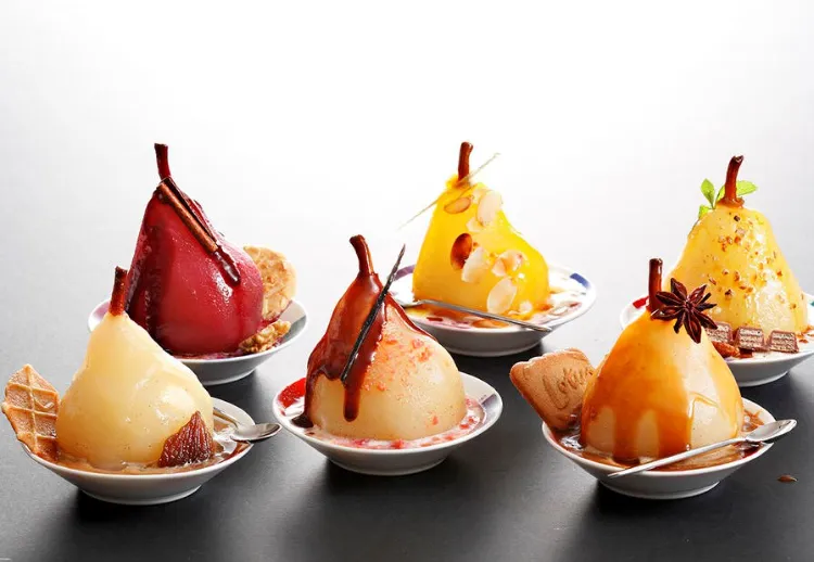poached pears spices sweet sauces fall dessert top