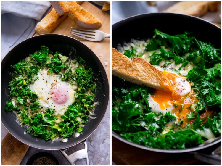 kale recipe in a pan with eggs in the oven