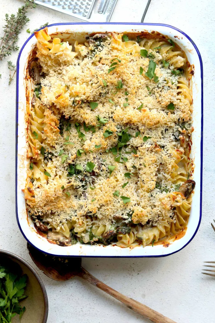baked kale recipe vegan gratin mushroom pasta autumn meal 2022