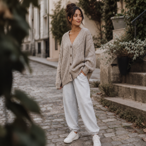 Tenue cocooning femme cardigan maille beige pantalon gris automne hiver loungewear Etam Zara