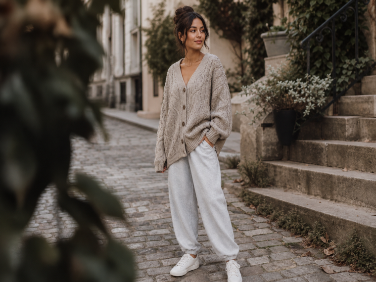 Tenue cocooning femme cardigan maille beige pantalon gris automne hiver loungewear Etam Zara