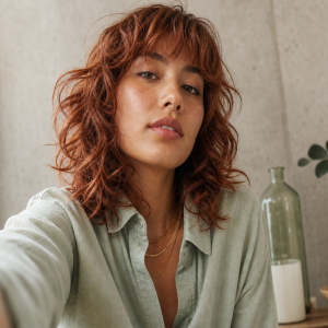 Wolf cut cheveux roux ondulés mi-longs, coupe tendance automne 2022, angle selfie