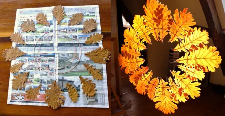 bricolage automne avec feuilles arbre couronne chaine doré cerceau bois