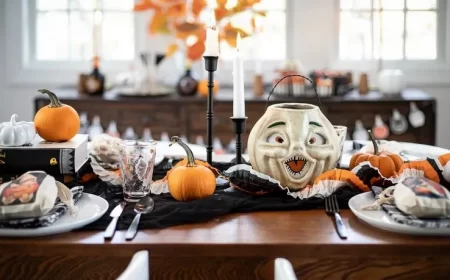 centre de table Halloween 2022 grande citrouille effrayante bougies chemin de table