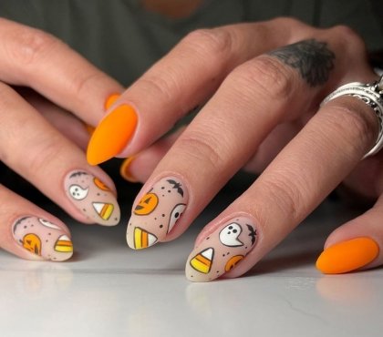 déco ongles halloween simple et délicat en orange et jaune