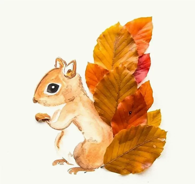 faire animaux en feuilles séchées peinture aquarelle bricolage automne écureuil mignonne