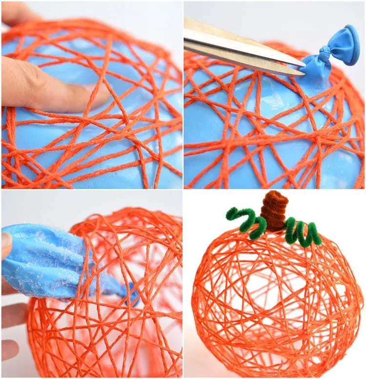 idée bricolage halloween facile DIY citrouille en fil de lin et ballon