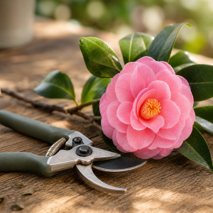 Sécateur de jardin posé sur planches en bois avec branche de camélia rose fraîchement taillée