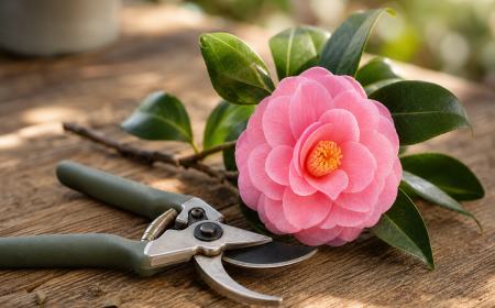Sécateur de jardin posé sur planches en bois avec branche de camélia rose fraîchement taillée