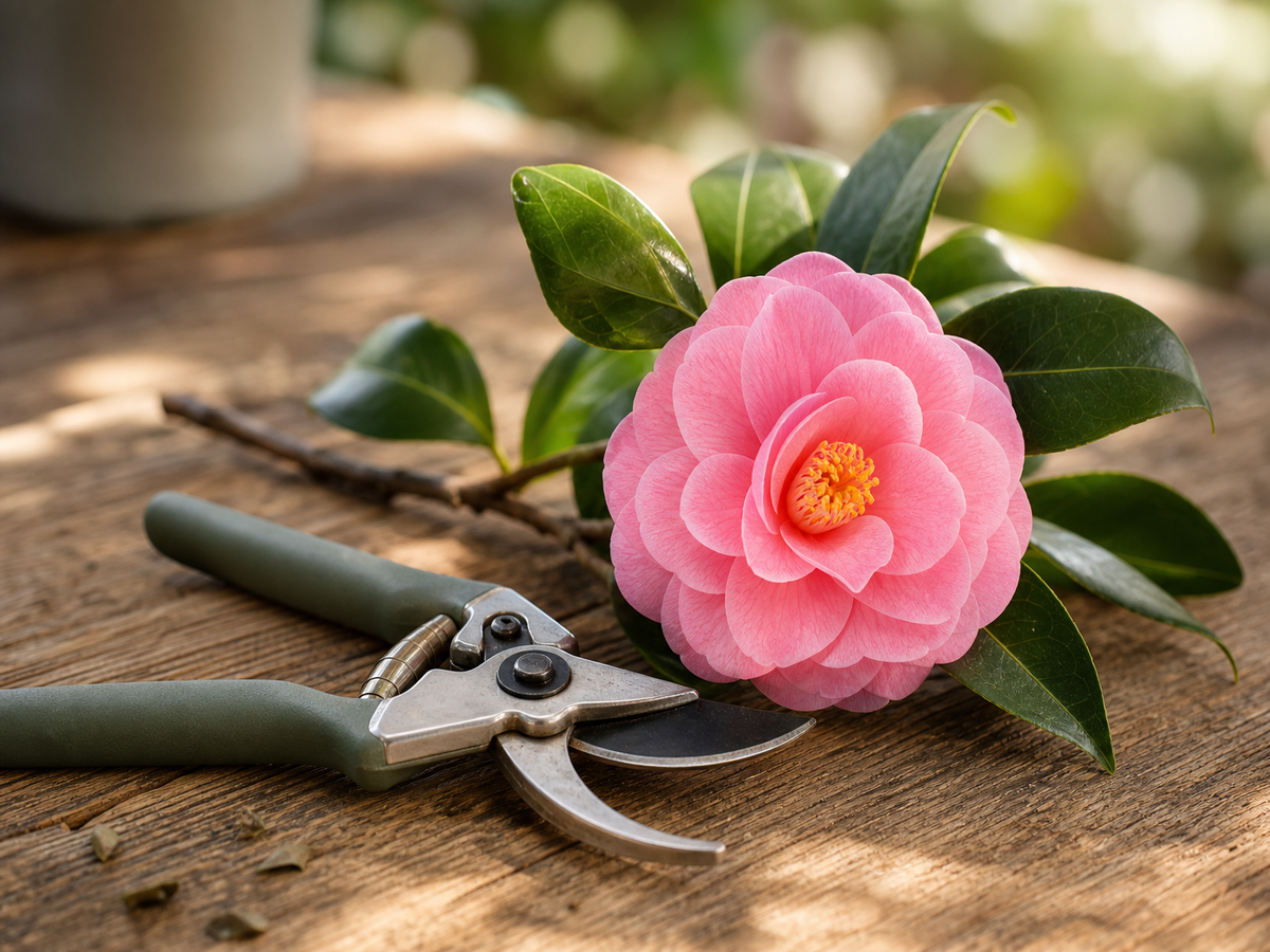 Sécateur de jardin posé sur planches en bois avec branche de camélia rose fraîchement taillée