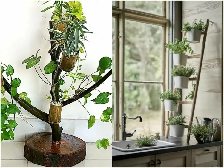 stand pour plantes d’intérieur en bois cuisine salle de bains petite échelle grosse branche