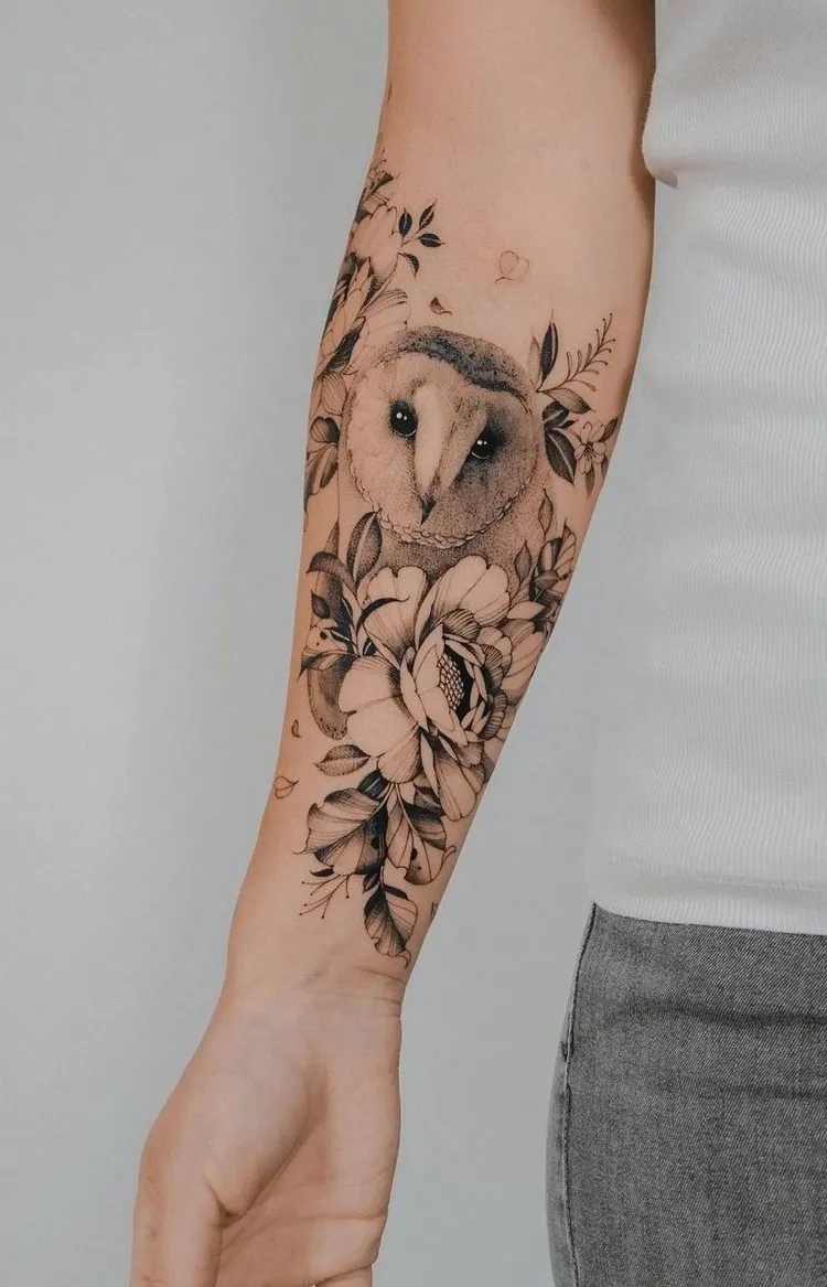 owl tattoo forearm woman inkage idea with flowers