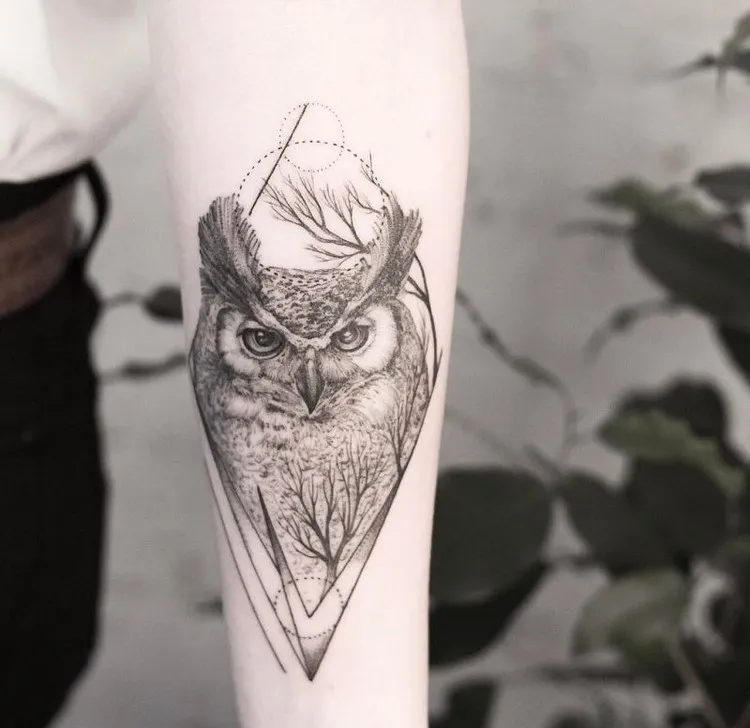 owl tattoo forearm woman geometric tattoo idea