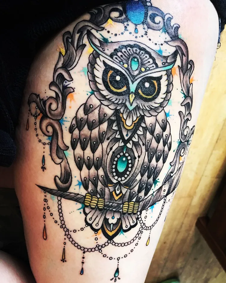 owl tattoo woman thigh mandala way colorful tattoo XXL