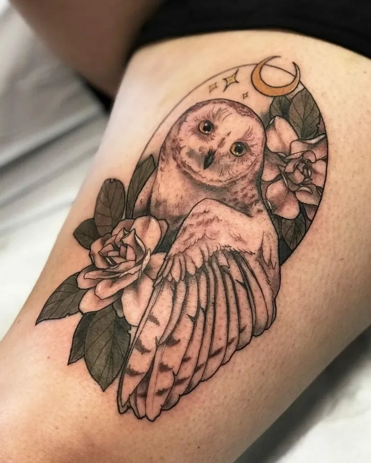 owl tattoo woman thigh big size