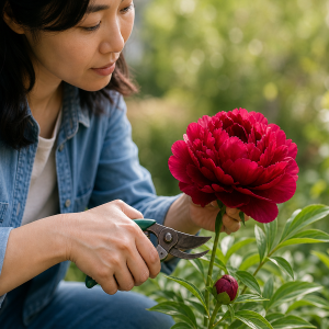 Tailler les pivoines en automne avec un sécateur pour favoriser une floraison spectaculaire