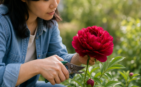 Tailler les pivoines en automne avec un sécateur pour favoriser une floraison spectaculaire