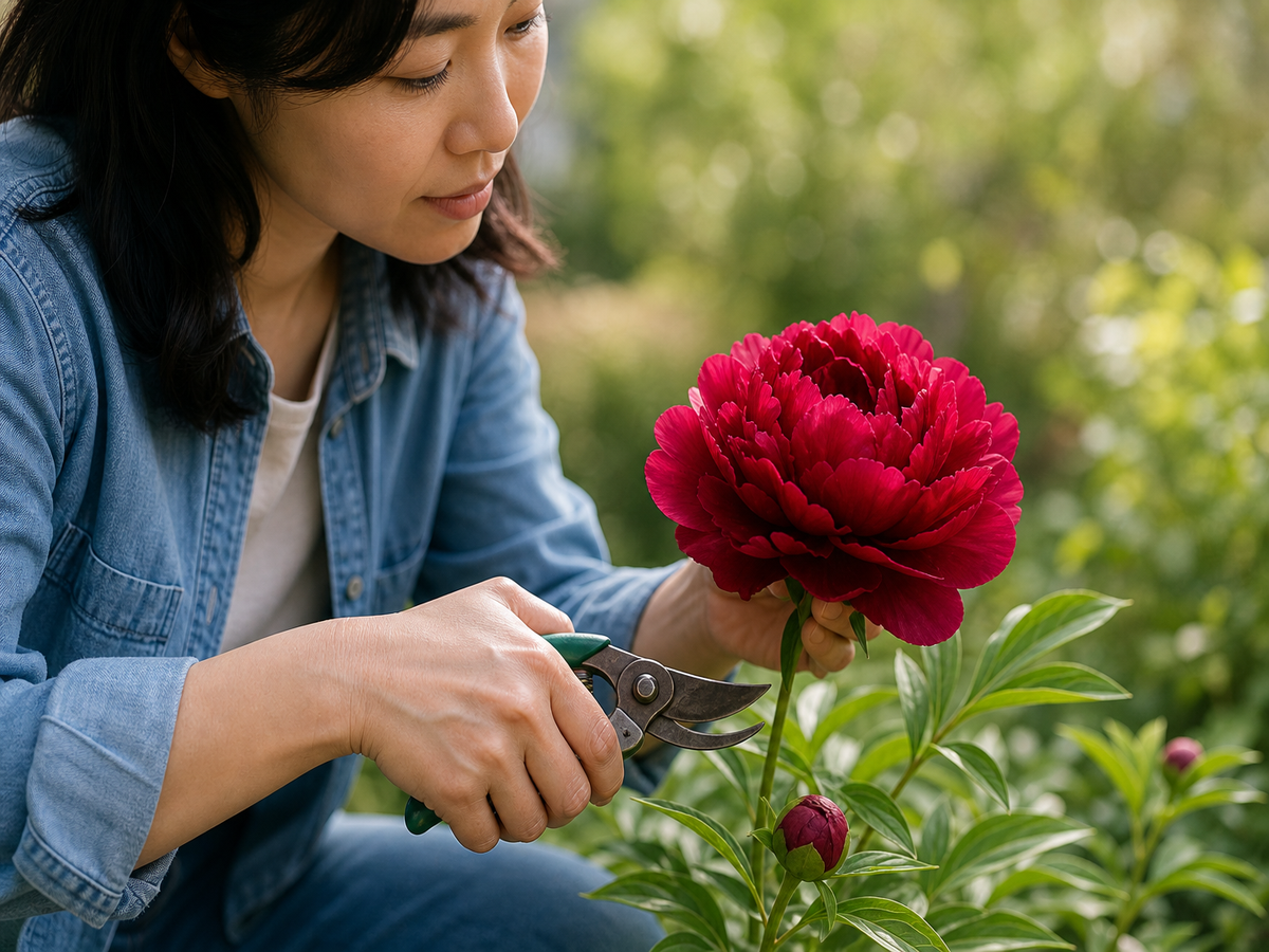 Tailler les pivoines en automne avec un sécateur pour favoriser une floraison spectaculaire