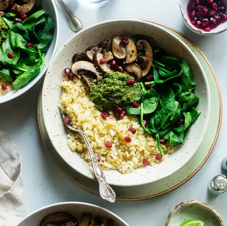 Fall Whole Foods with Mushrooms Deity Recipe Fall 2022 Nutrition Bowl Cauliflower Rice Spinach