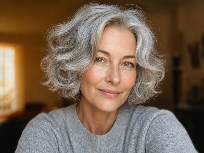 Carré bouclé gris femme 50 ans : coupe courte volumineuse et tendance qui rajeunit naturellement