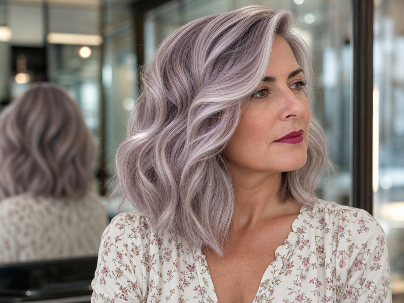 Coupe longue femme 50 ans : lob ondulé blond-argenté lavande ultra tendance et rajeunissant