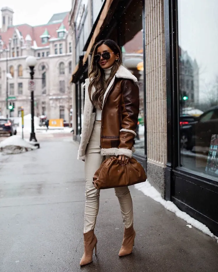 veste femme cuir marron aviateur shearling manteau hiver 2023