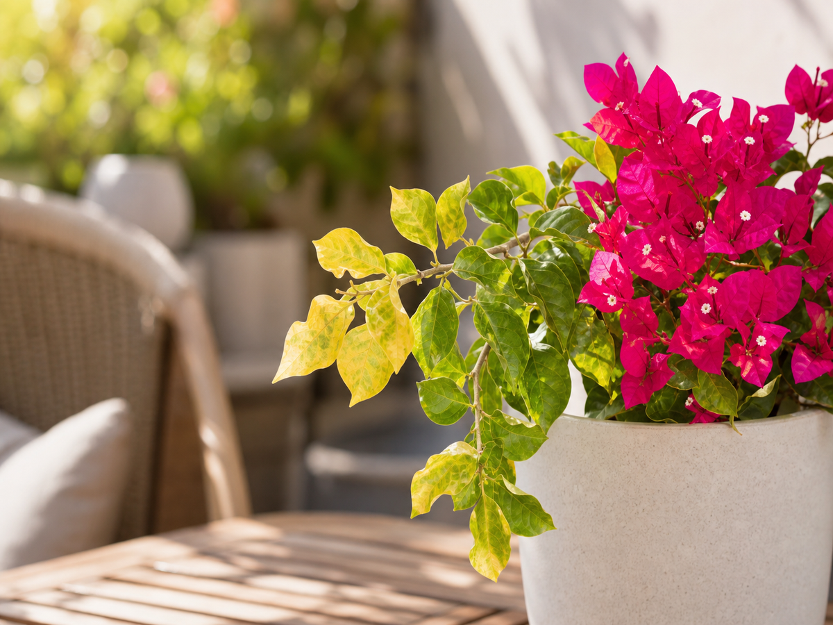 Bougainvillier avec feuilles jaunies et fleurs rose vif sur muret de jardin