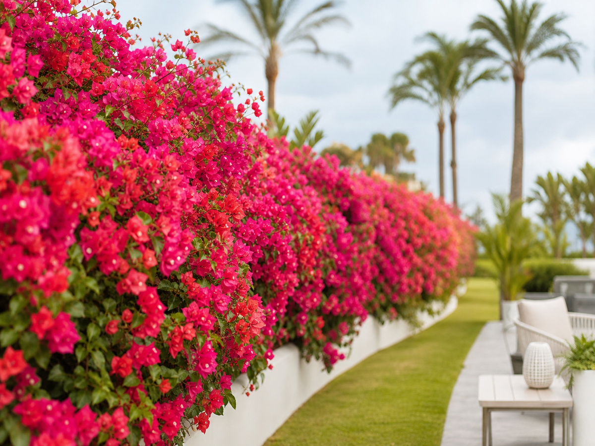 Haie de bougainvillier en pleine floraison fuchsia et corail dans un jardin méditerranéen