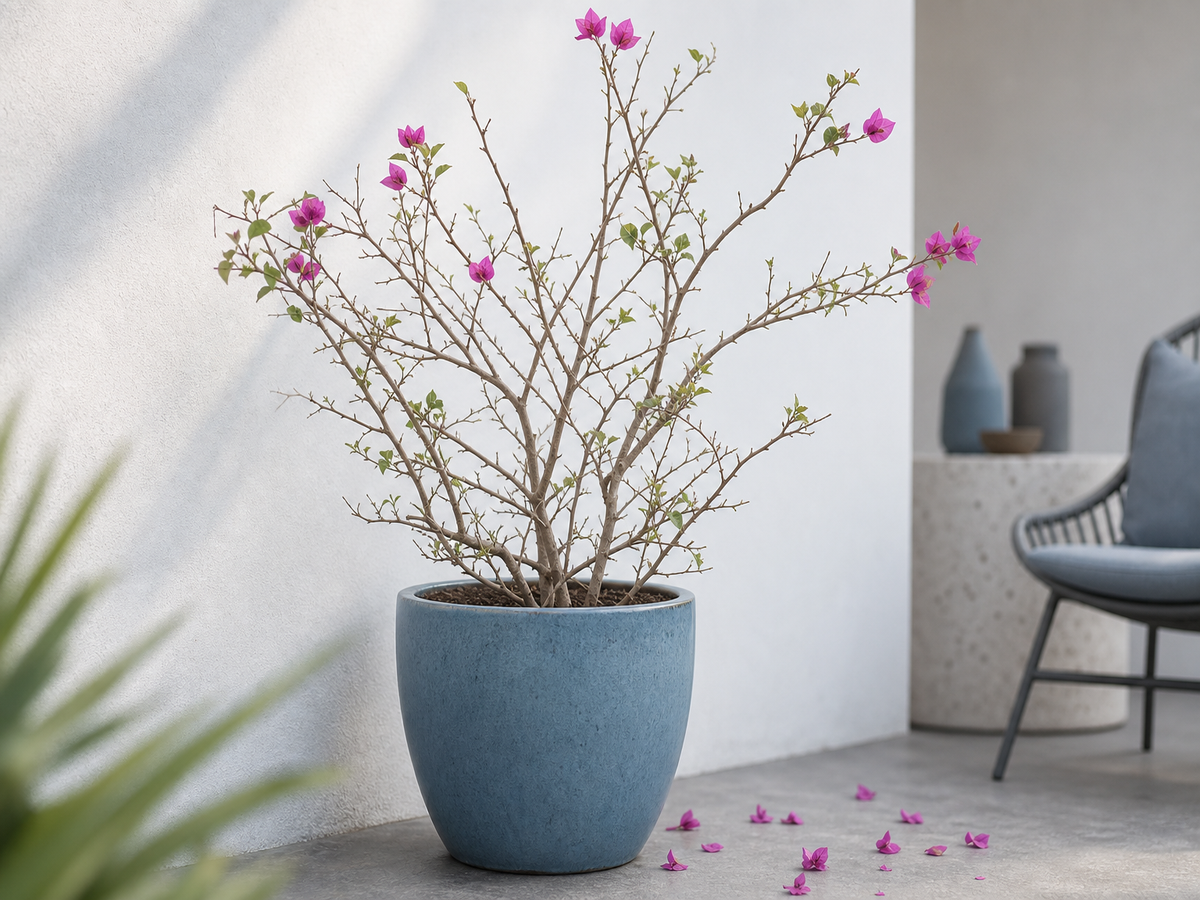 Bougainvillier en pot bleu perdant ses feuilles, tiges dénudées et pétales tombés sur terrasse