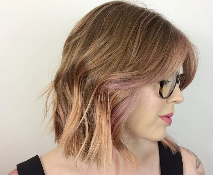 long square with curtain bangs woman 50s fine hair pink highlights on the side