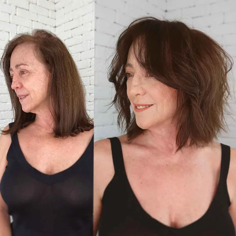 long square with curtain bangs for women over 50 brunettes before and after photos