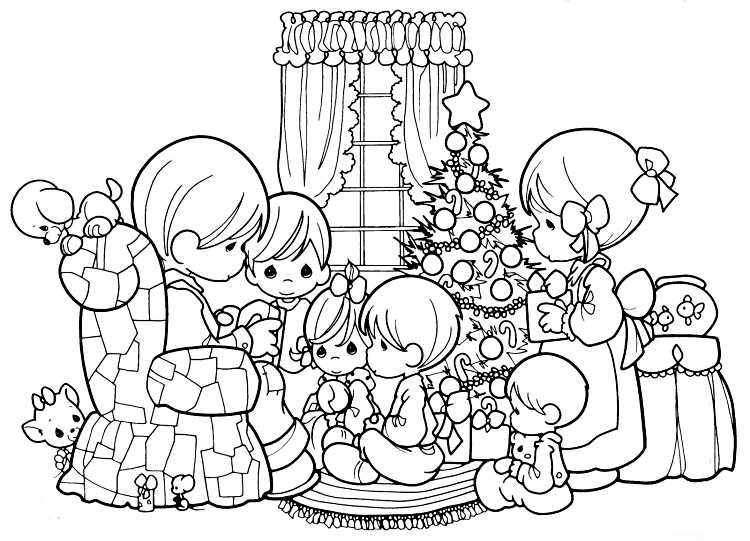 coloriage famille et des enfants qui jouent autour du sapin
