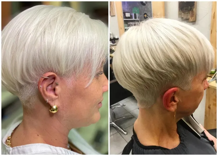 comment entretenir une coiffure courte femme 50 ans cheveux epais blancs gris tendances 2023