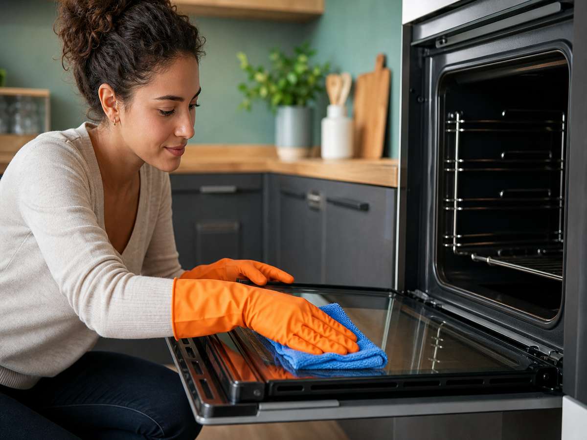 Nettoyage de la vitre du four avec gants en caoutchouc orange et chiffon microfibre bleu