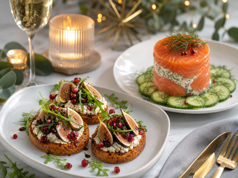 Idées d'entrées de Noël : rondelles de patates douces aux figues et terrine de saumon