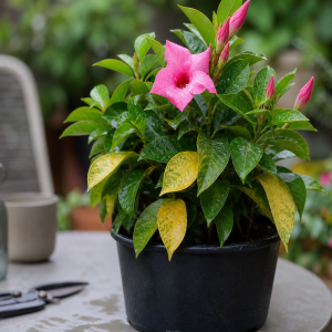 Feuilles de dipladenia jaunissantes dans un pot noir — excès d'arrosage ou carence
