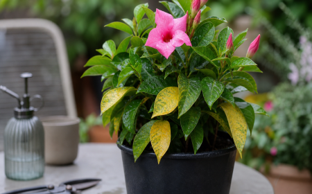 Feuilles de dipladenia jaunissantes dans un pot noir — excès d'arrosage ou carence
