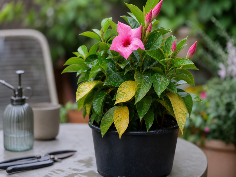 Feuilles de dipladenia jaunissantes dans un pot noir — excès d'arrosage ou carence