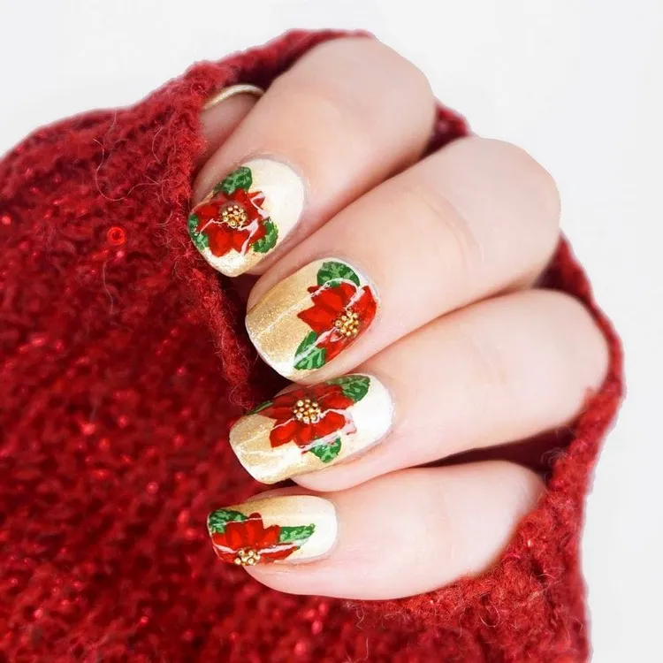 ongles Noël rouge et or vert nail art poinsettia