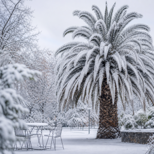Palmier résistant au gel recouvert de neige dans un parc en hiver, espèce rustique pour jardins français